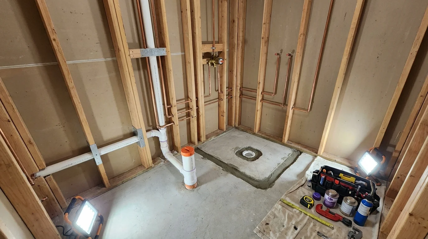 Bathroom rough-in plumbing during remodel by Johns Plumbing LLC in Huntington