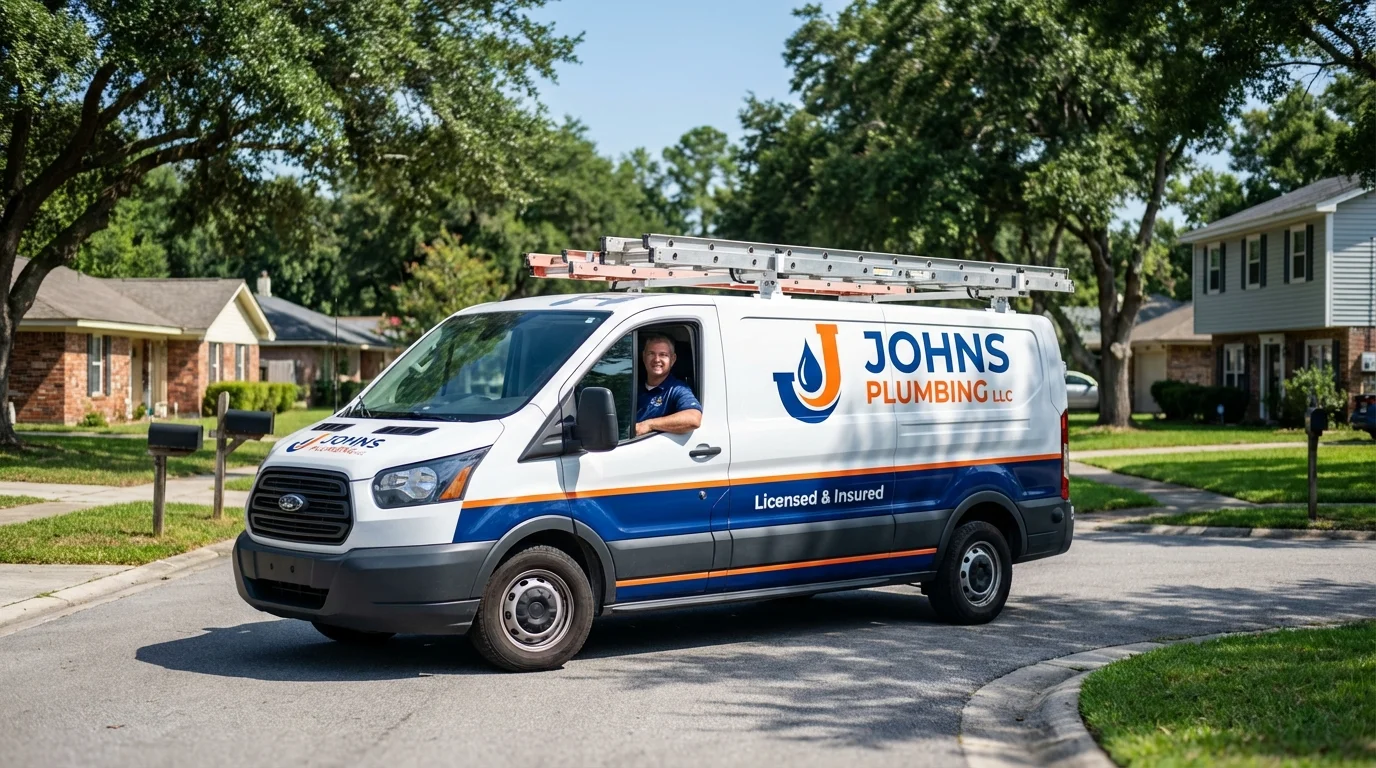 Johns Plumbing LLC service van in Huntington, TX