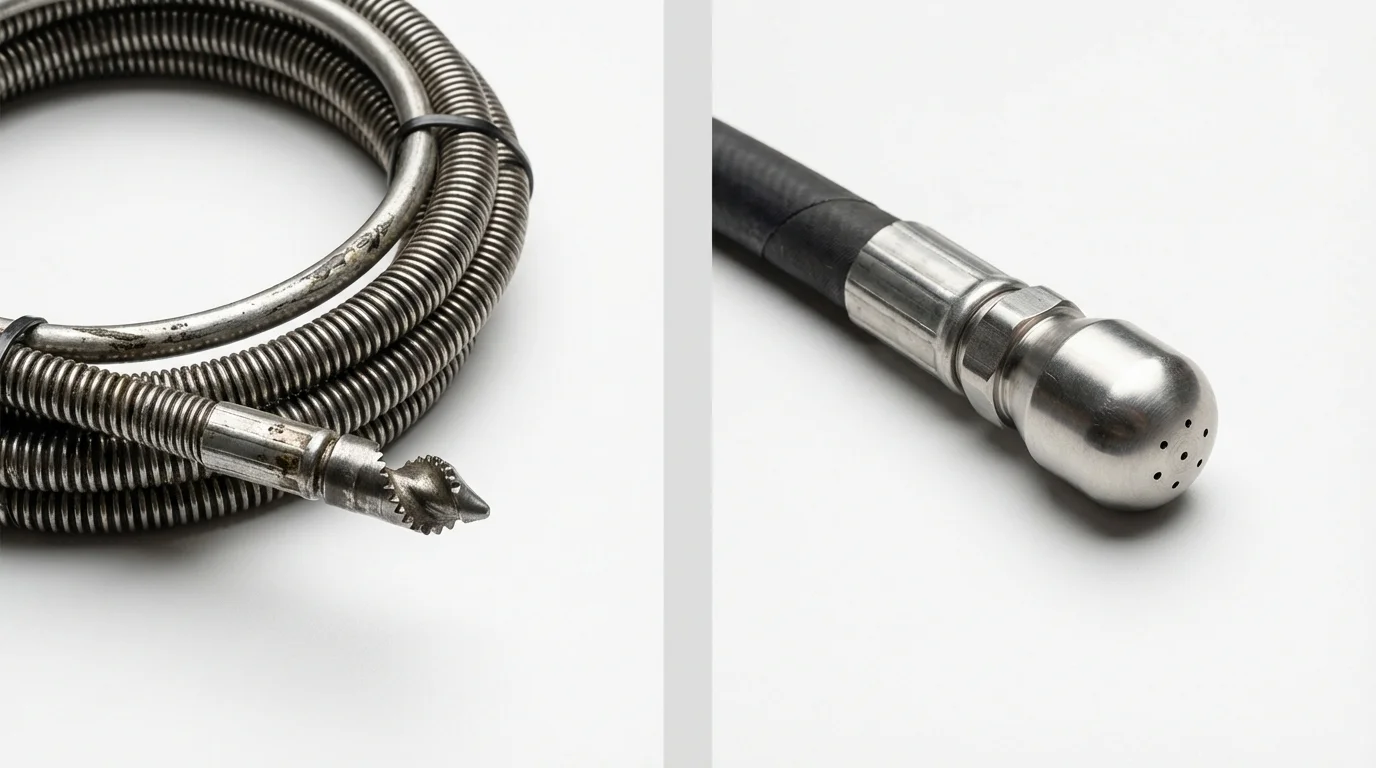 Drain snake cable and hydro jetting nozzle used for drain cleaning in Huntington, TX