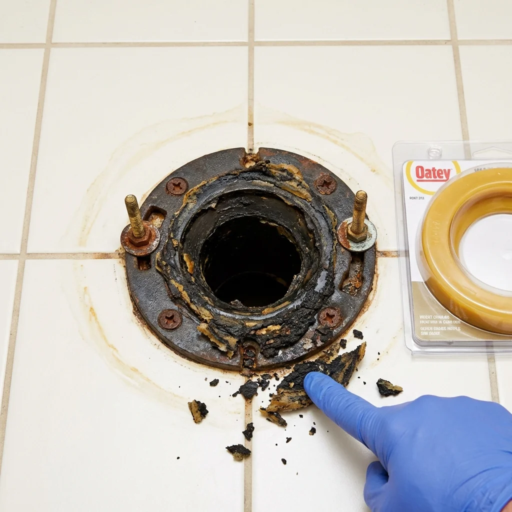 Failed wax ring showing water seepage at the base of a toilet in a Huntington, TX home