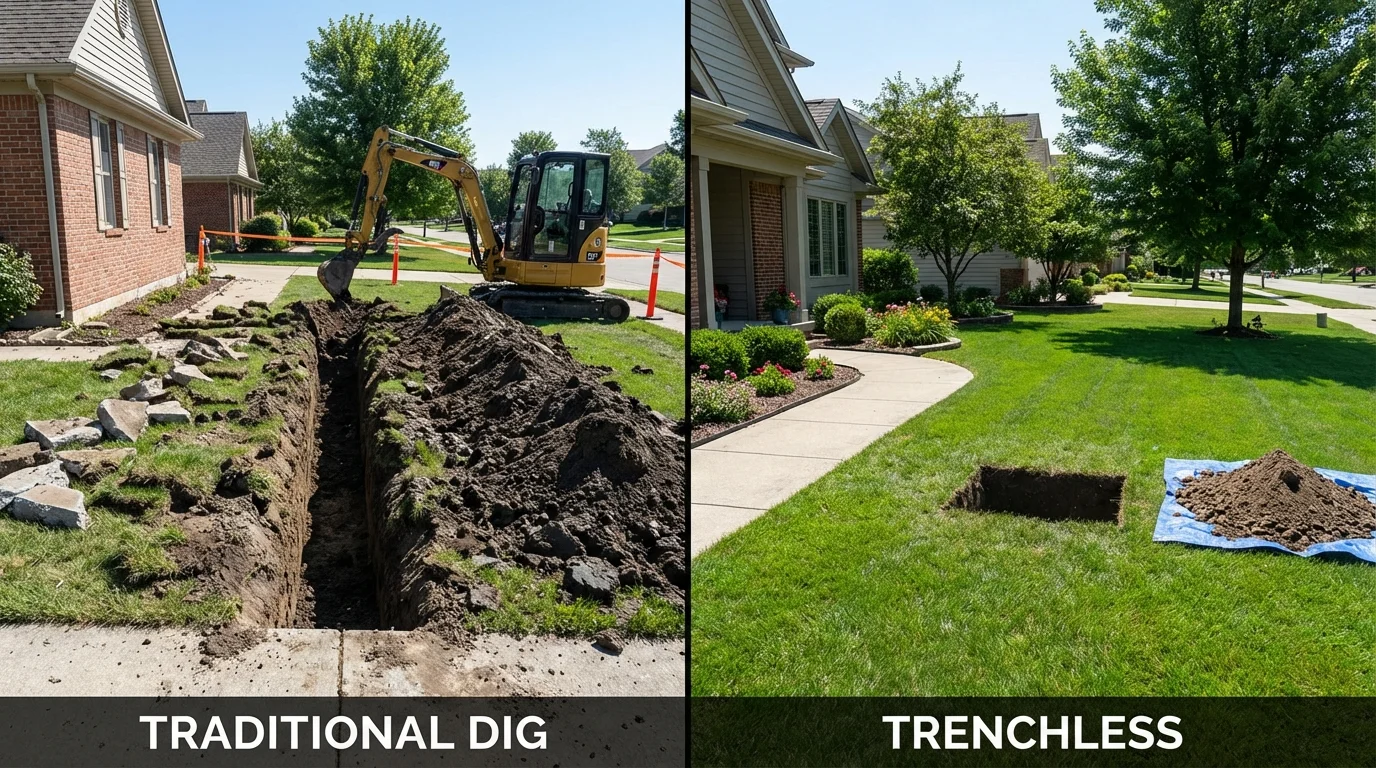 Trenchless sewer repair with minimal yard damage versus traditional excavation in Huntington, TX