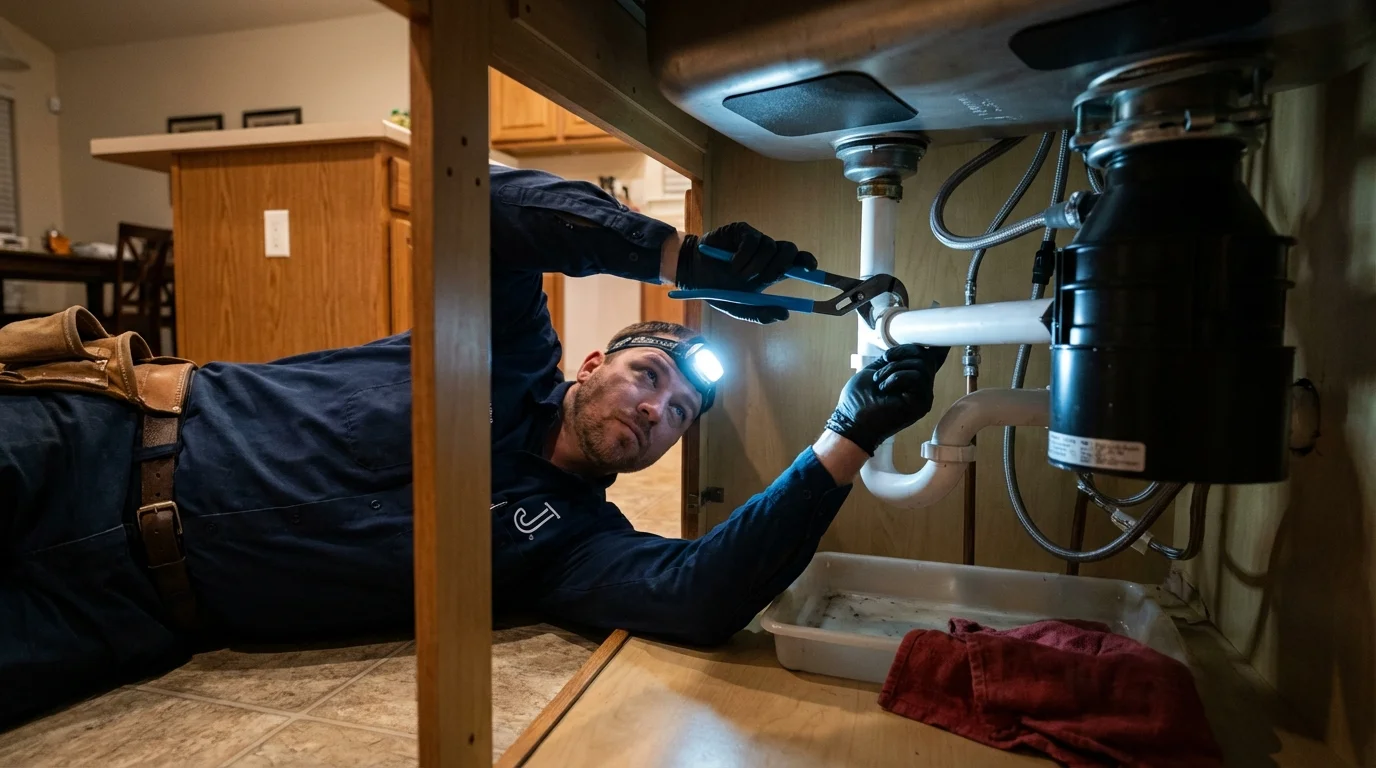 P-trap and supply line connections under a kitchen sink showing a common leak point in Huntington, TX